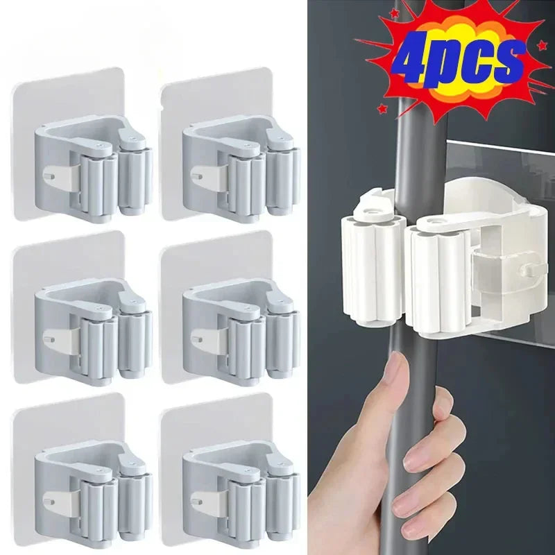 4pcs Easy-Install Wall-Mounted Mop & Broom Holder